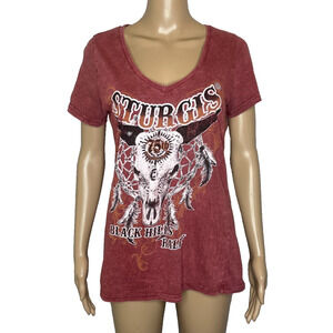 Women's Large Yujin Sturgis Black Hills Rally Motorcycle Red Acid Wash V-Neck Te